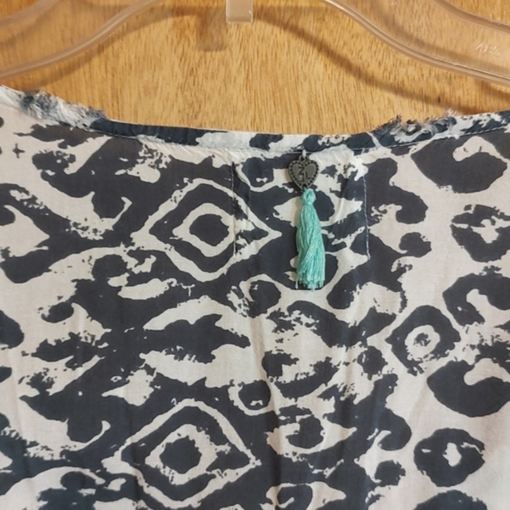ZL Europe Boho Ikat Kimono Blouse Blue White Embroidered Lace-Up Tassels OS/2X - Picture 8 of 13